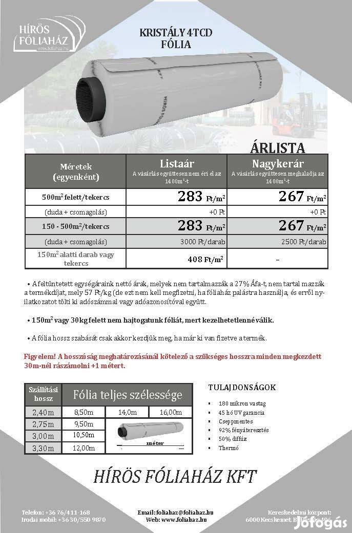 Diffúz, thermo francia agrofólia, sátor fólia, cseppmentes, 180 mikron