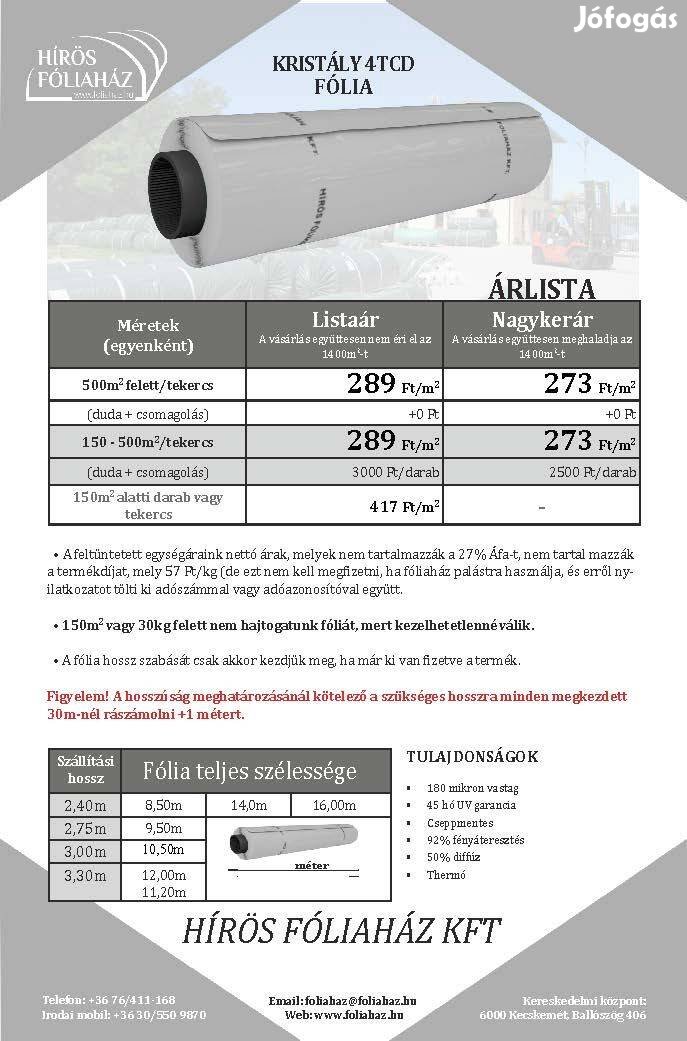 Diffúz, thermo francia agrofólia, sátor fólia, cseppmentes, 180 mikron