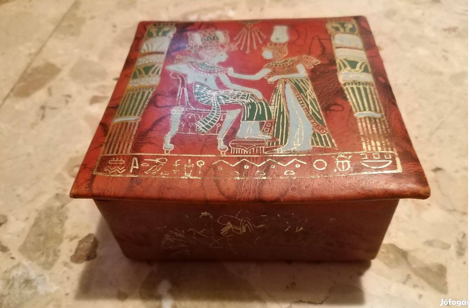 Díszes egyiptomi bőr doboz ,cigarettatartó,bőr gyufás doboz szett