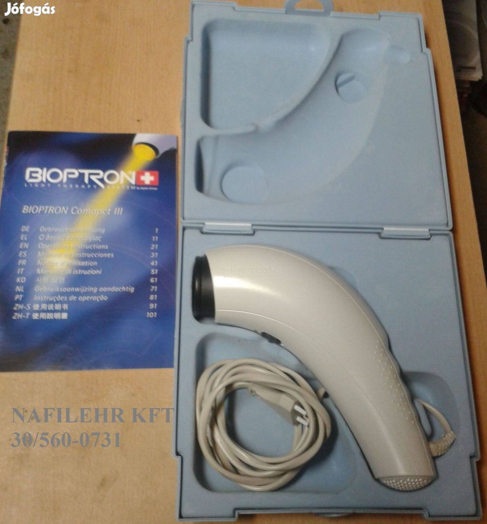 Dobozában Bioptron Compact lámpa 5 év garancia, számla, színek állvány