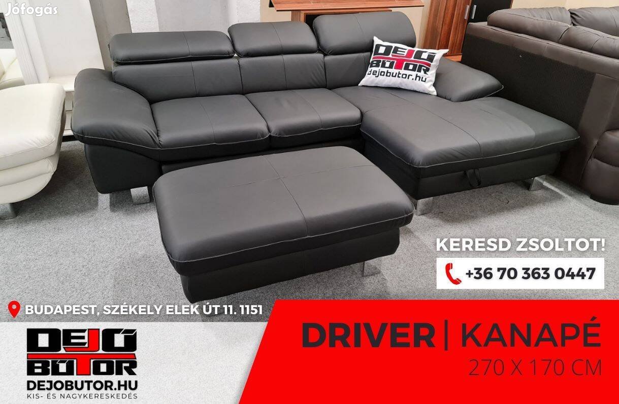Driver valódi bőr kanapé ülőgarnitúra rugós 260x200 cm fekete + puff
