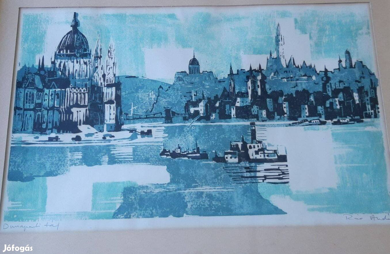 Dunaparti táj, Rác András grafika szignóval, Parlament látképpel