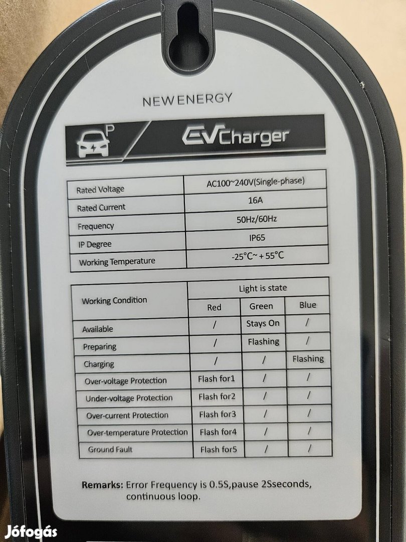 EVSE töltőkábel 230V,  1x16A, 3,6kW