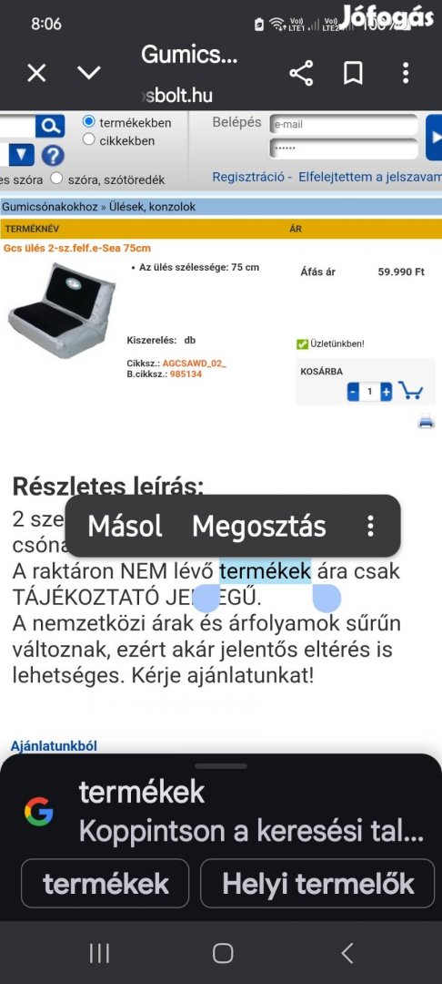 E Sea gumicsónak ülés 