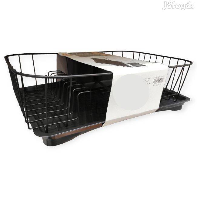 Edényszárító fekete fém vázzal, műanyag tálcával és dupla