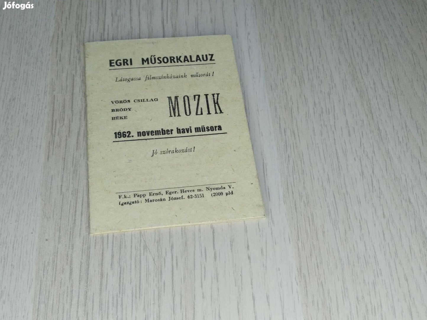 Egri moziműsor 1962 / November + 2 db esős vasárnap mozijegy