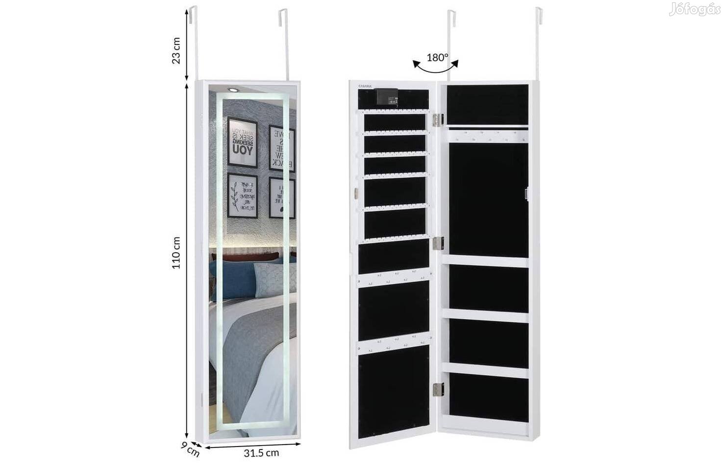 Ékszerszekrény led tükörrel, fehér, 31,5x9x110 cm, Casaria