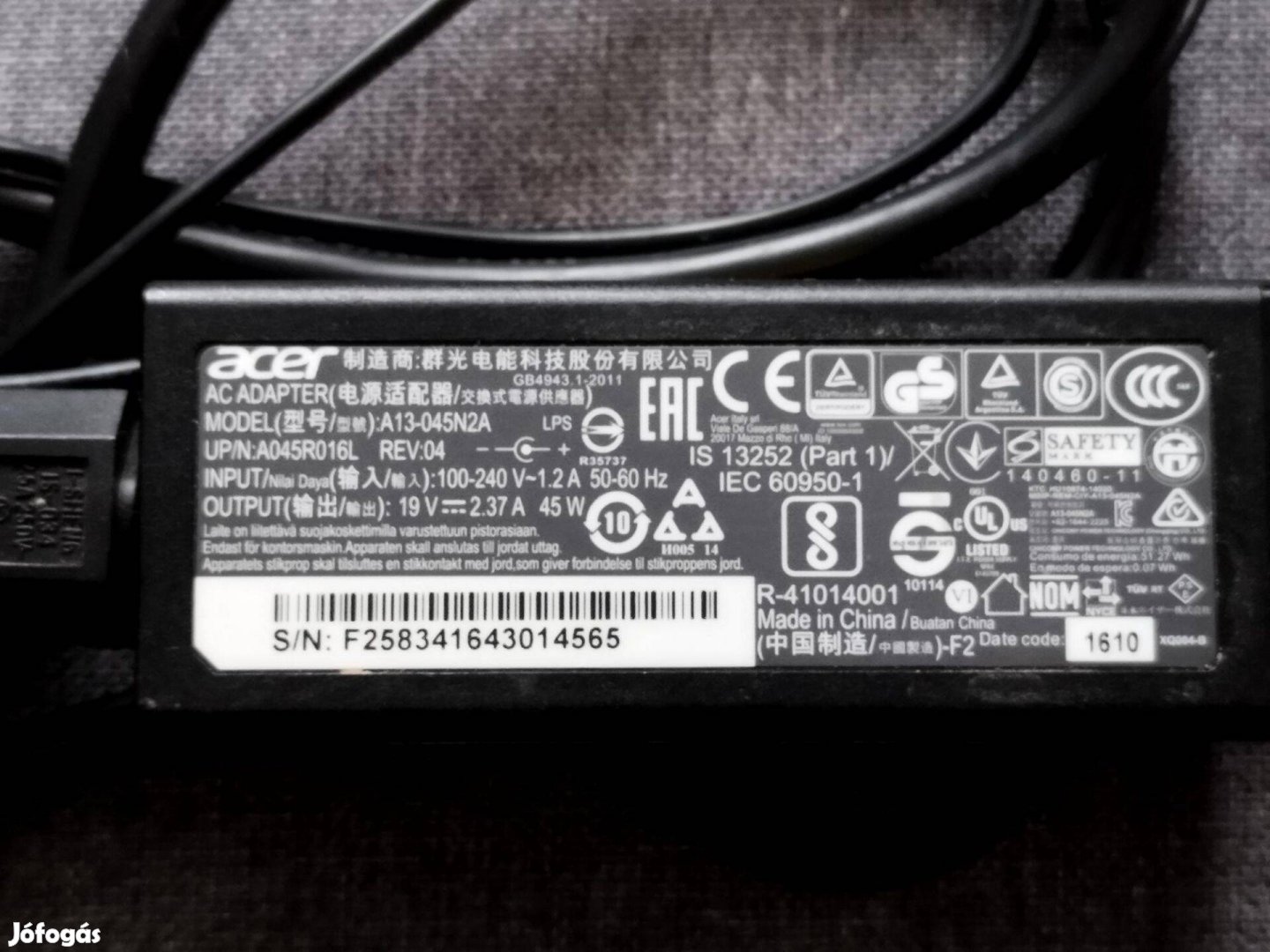 Eladó Acer laptop AC adapter/tápegység/tápkábel/töltő A13-045N2A