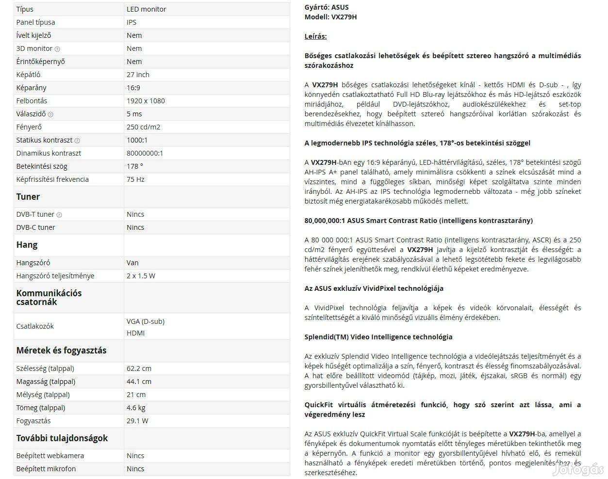Eladó Asus Vx279H 27 Full HD, IPS monitor!