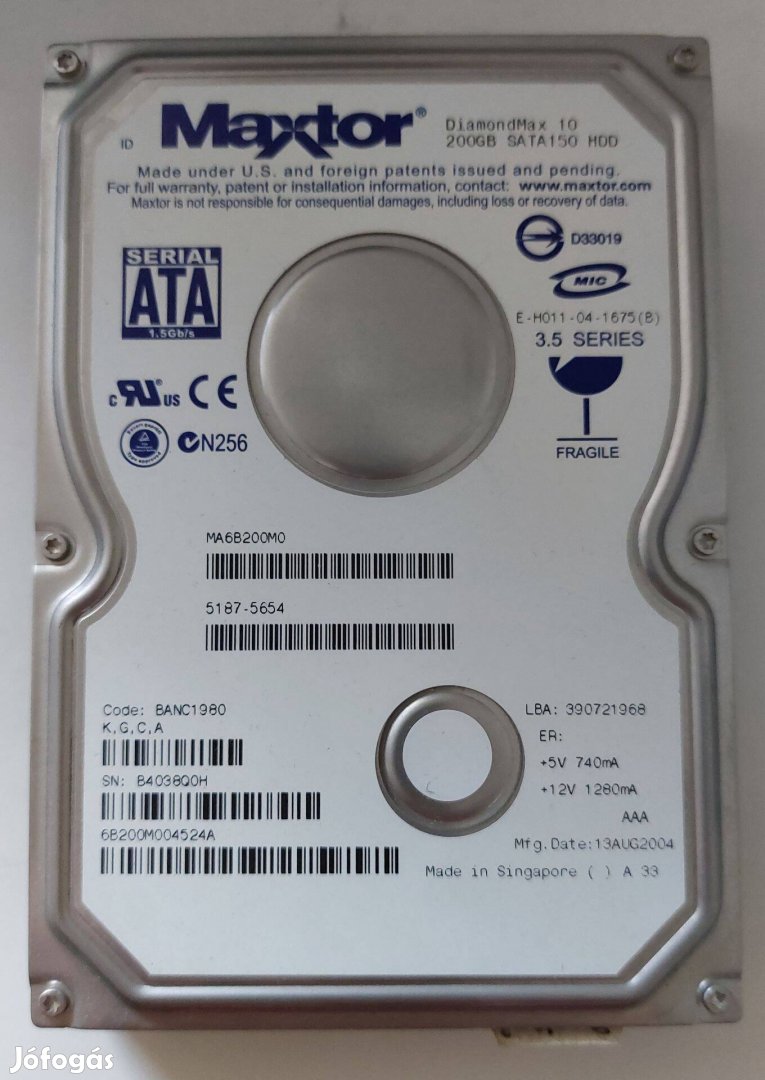 Eladó Maxtor 200 GB SATA HDD