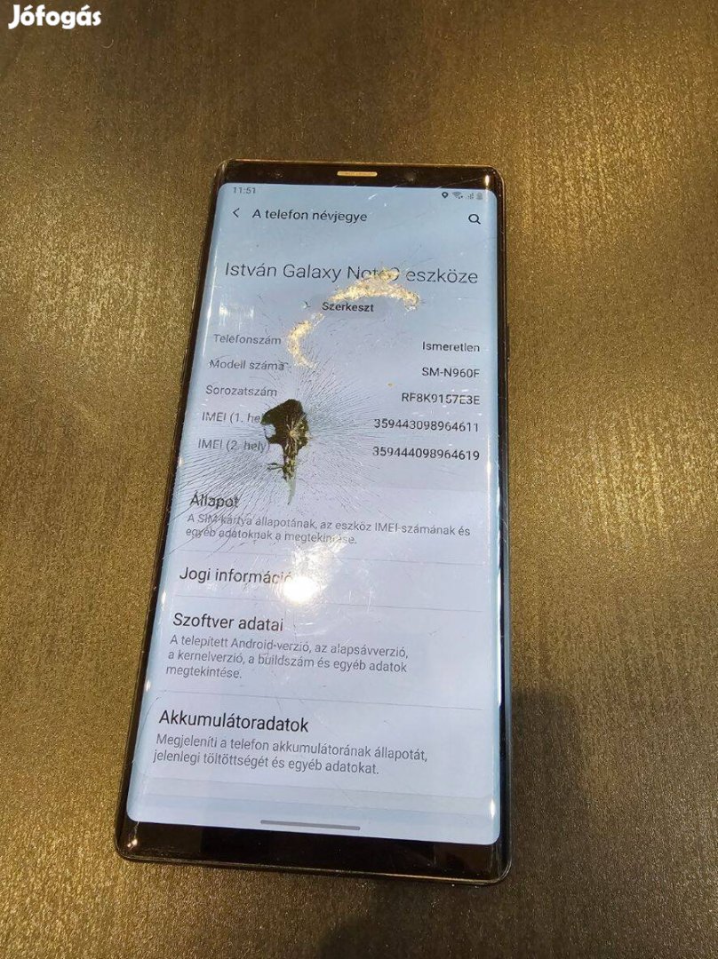 Eladó Samsung Note 9 Törött