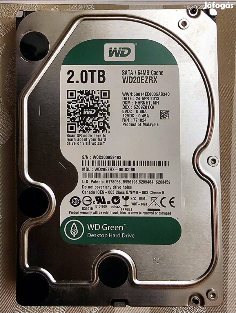 Eladó: 1 db Western Digital 2 TB merevlemez (WD20Ezrx) HDD