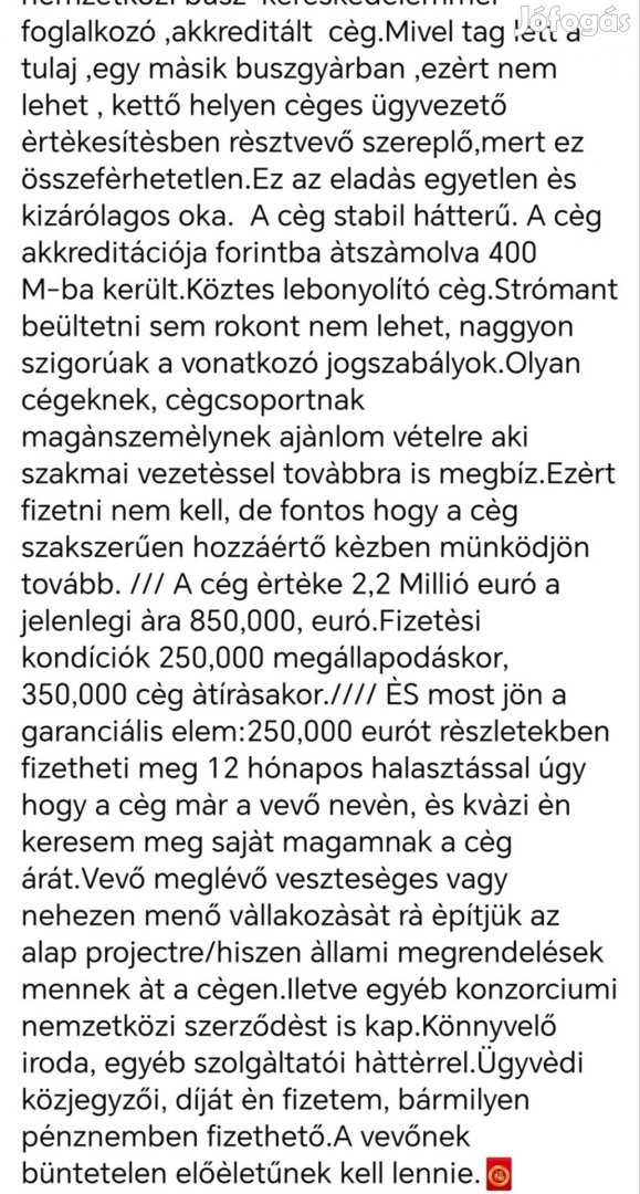 Eladó buszkereskedelemmel foglalkozó akkreditált ceg 