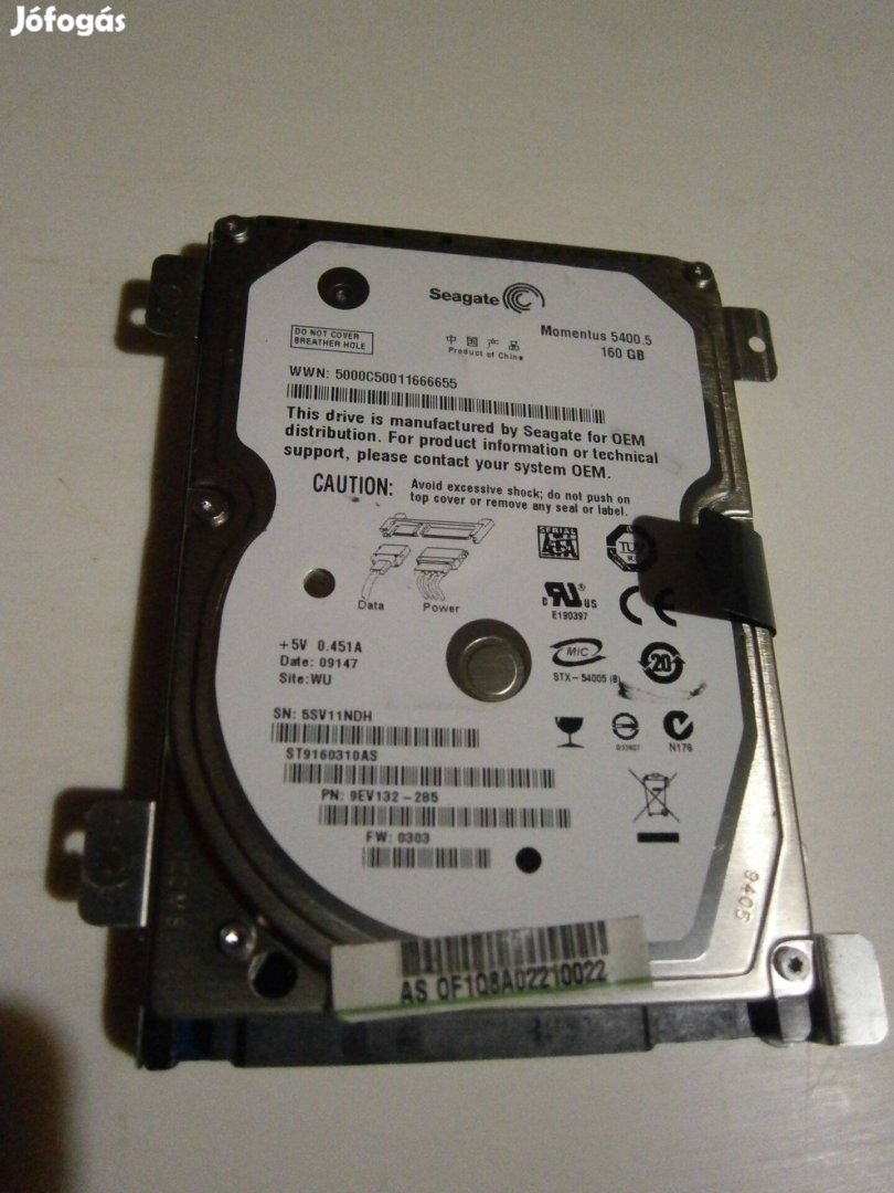 Eladó egy 2,5"-os 160GB-os Seagate notebook merevlemez (HDD)