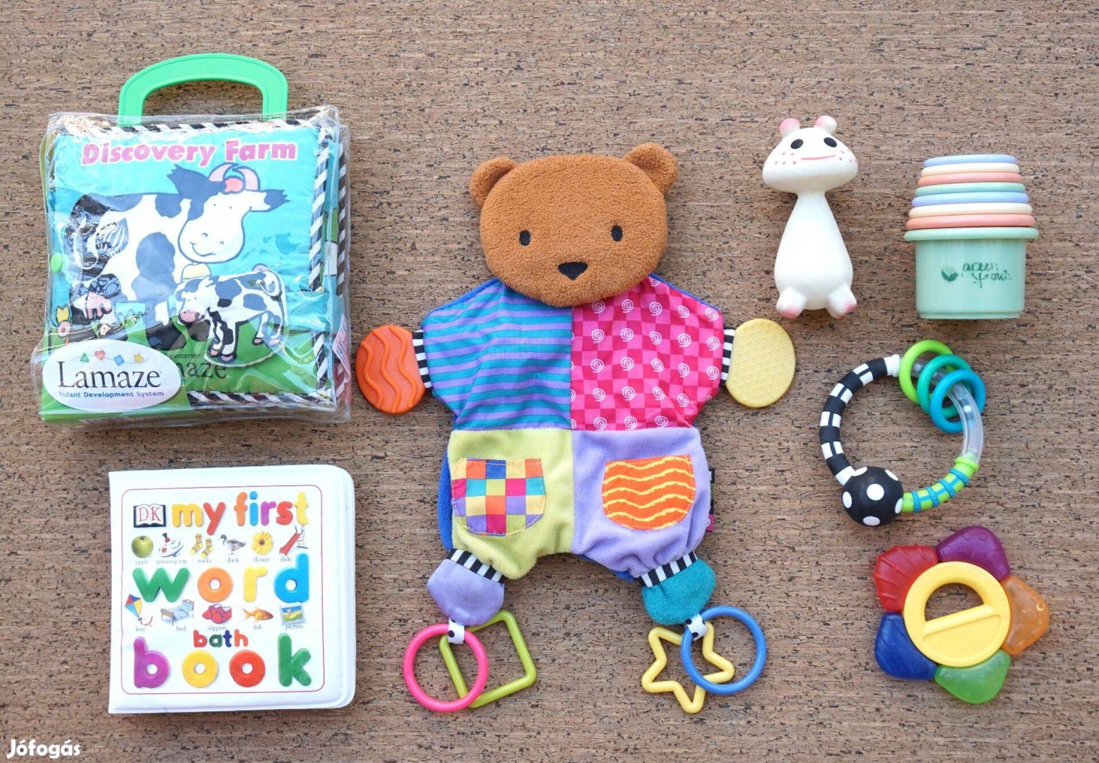 Eladó fejlesztő babajátékok: textil könyv, fogzó, építőtorony