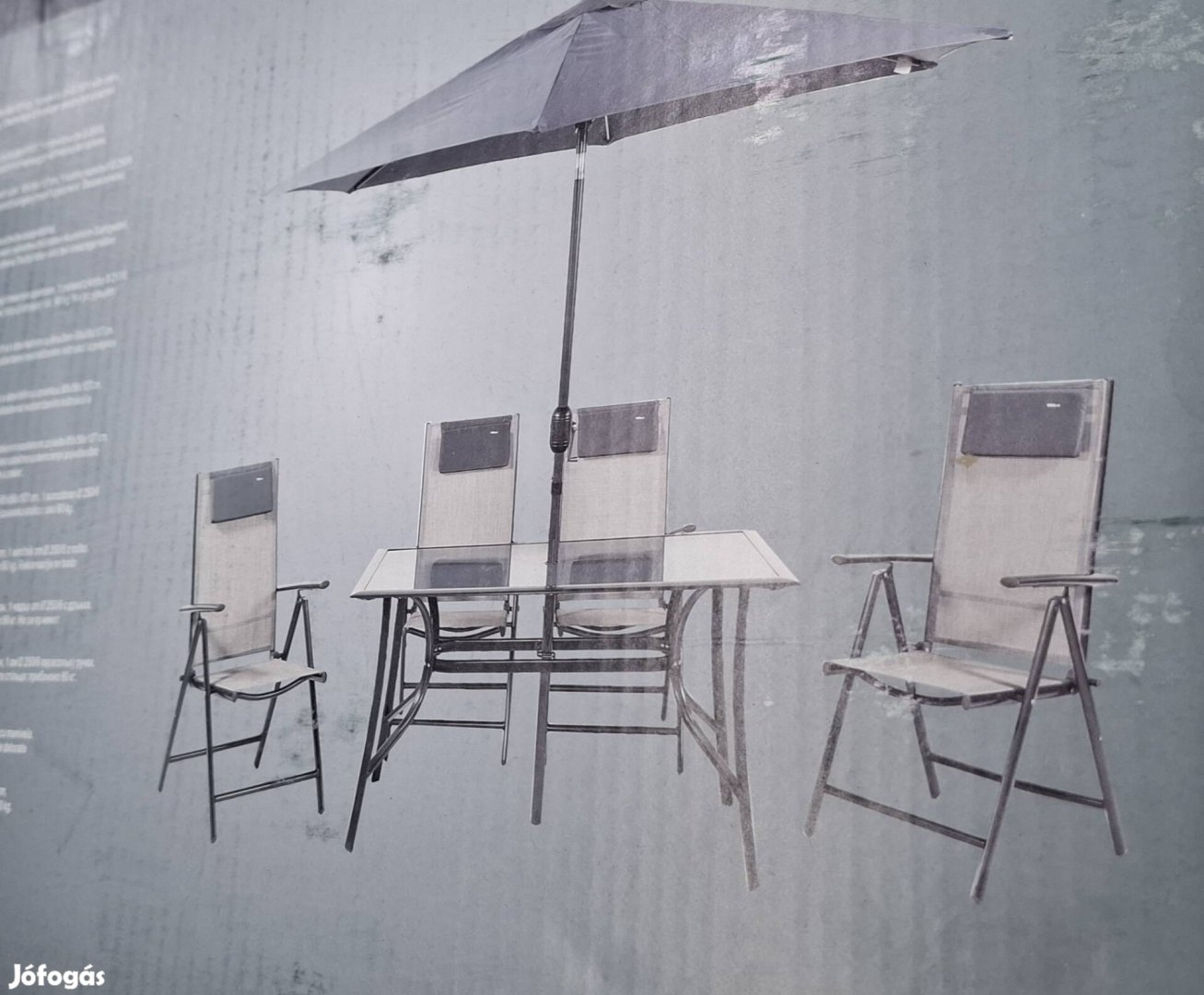 Eladó kerti étkező szett 4 szék üveg asztal napernyővel
