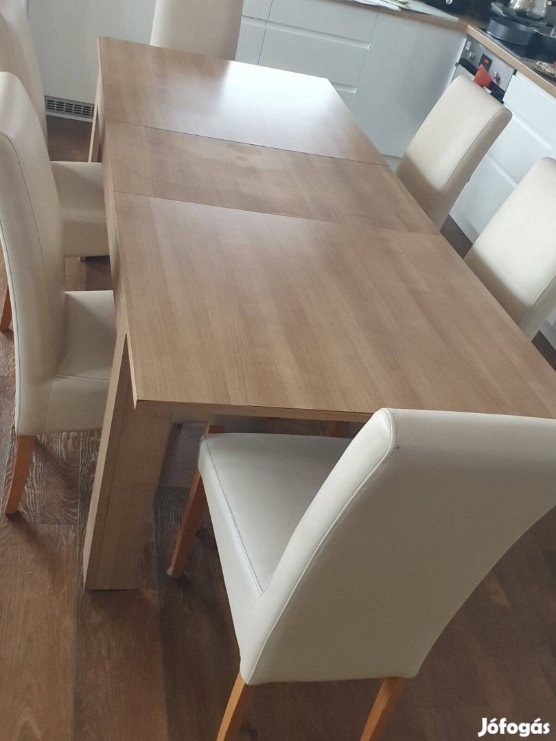 Eladó kinyitható étkezőasztal 160/207×90x76 cm tölgy és 6 db szék bézs