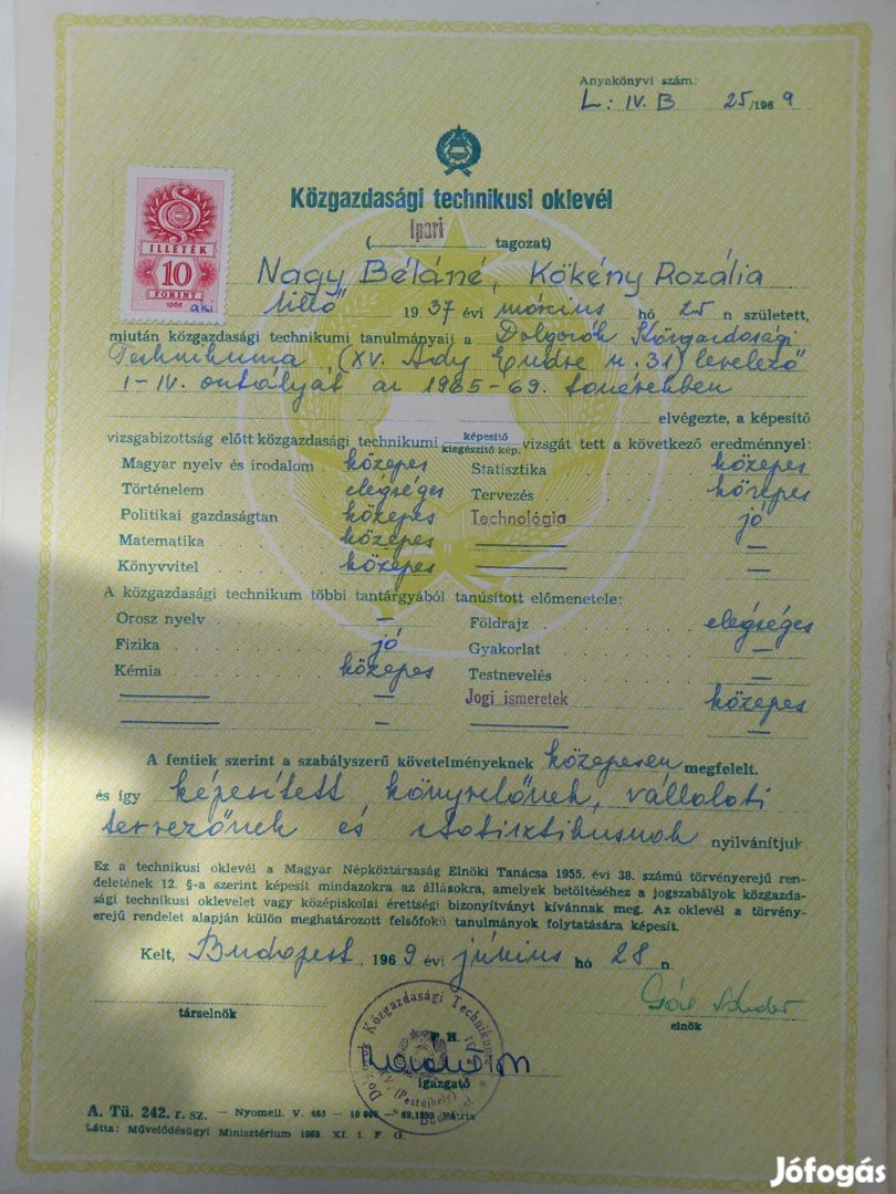 Eladó retro Technikumi bizonyítvány 1966-ból címerek takarva