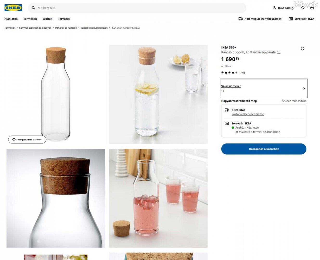Eladó új 10db IKEA 365+ Kancsó dugóval, átlátszó üveg/parafa, 1 l