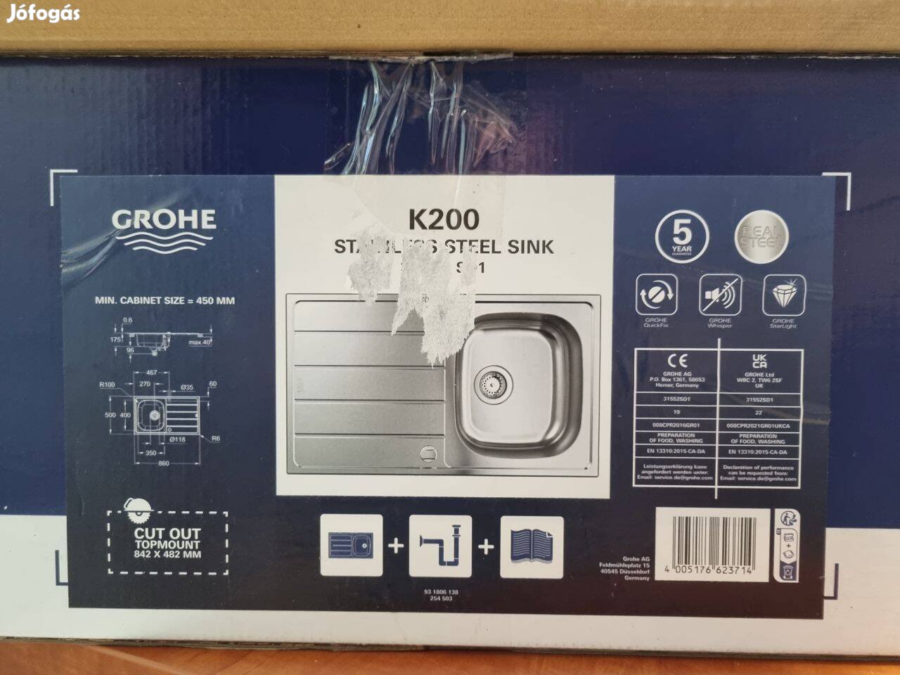 Eladó új Grohe K200 Rozsdamentes acél mosogatótálca, csepegtetővel