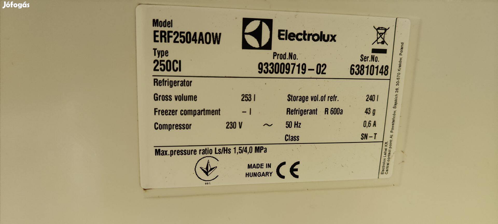 Electrolux 250 Literes hűtőgép