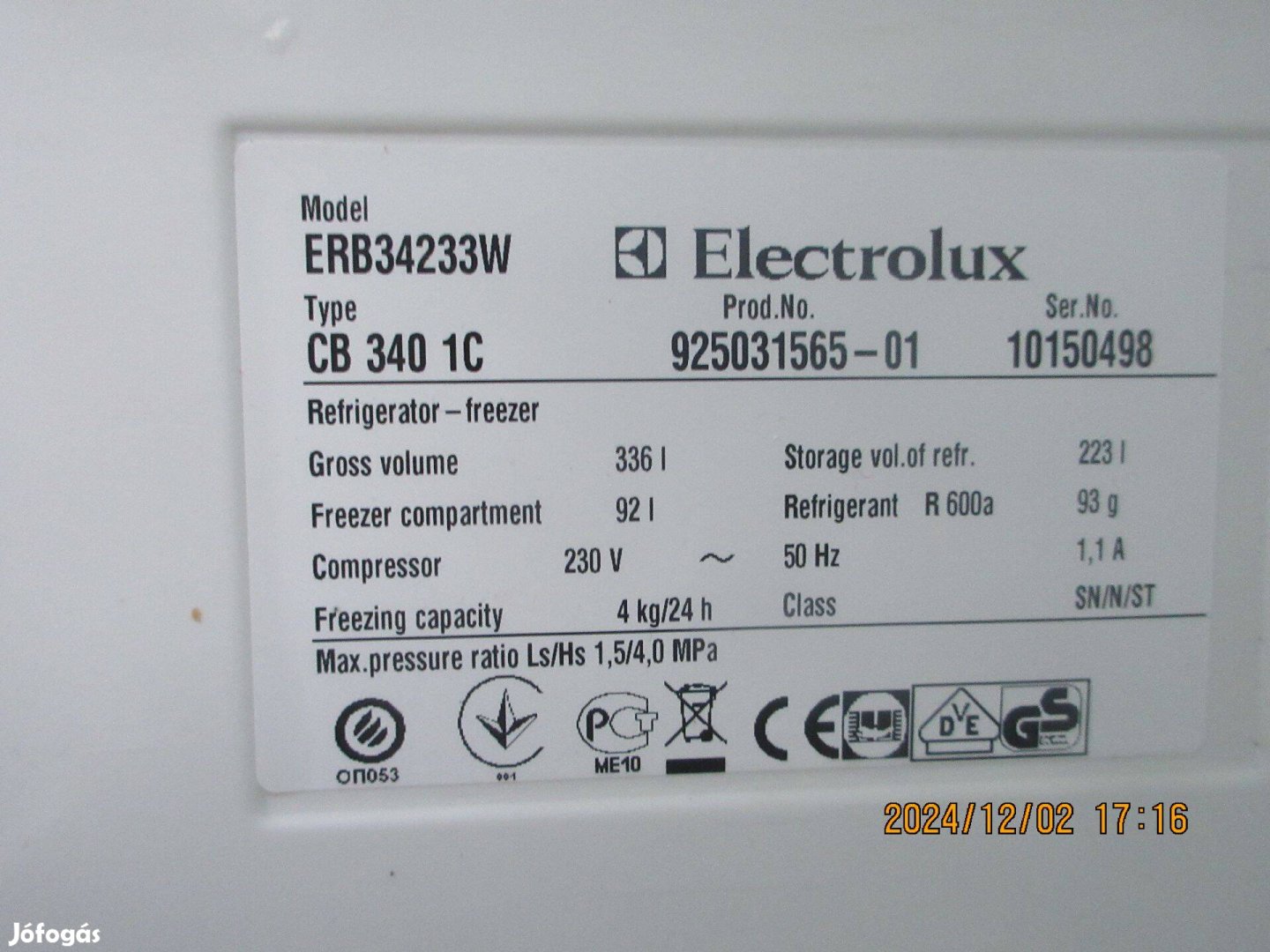 Electrolux ERB34233W működő kombinált hűtő