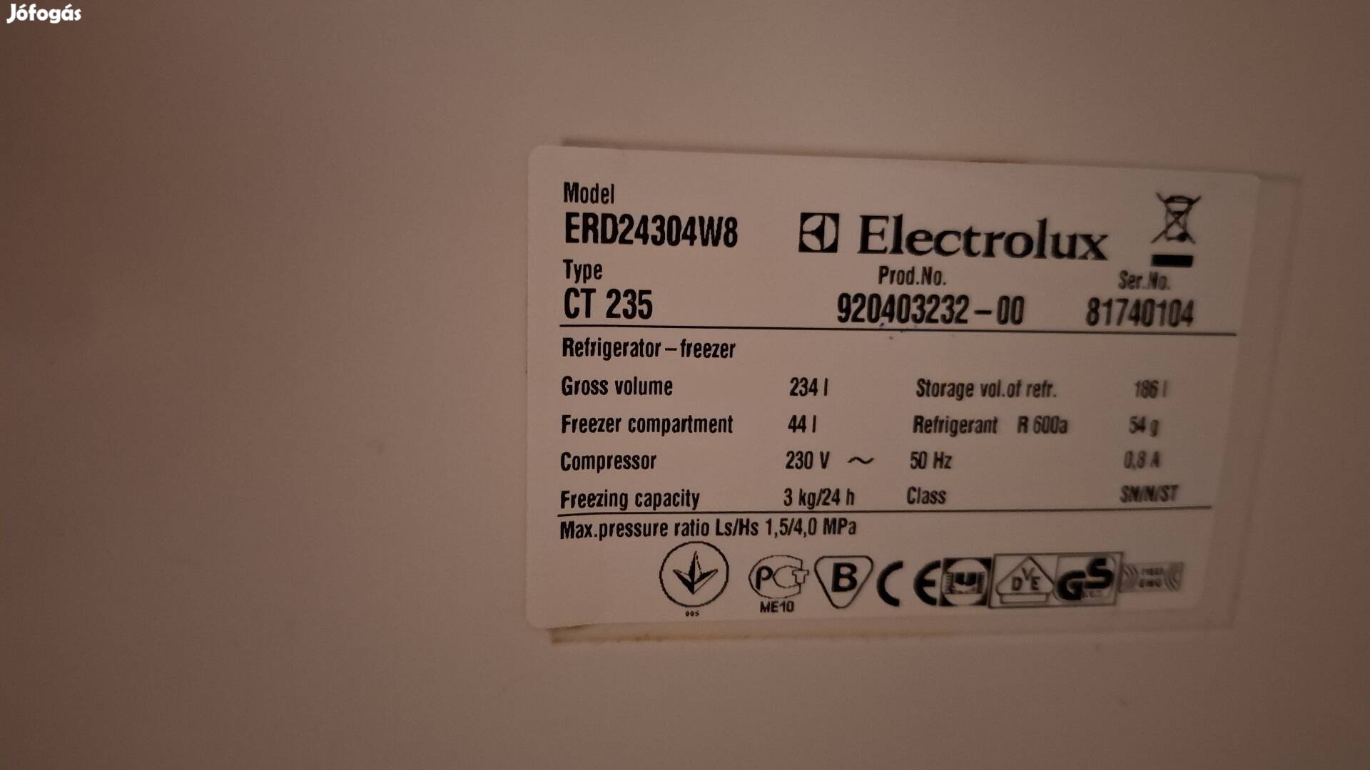 Electrolux hűtő, kombi 234/44 liter