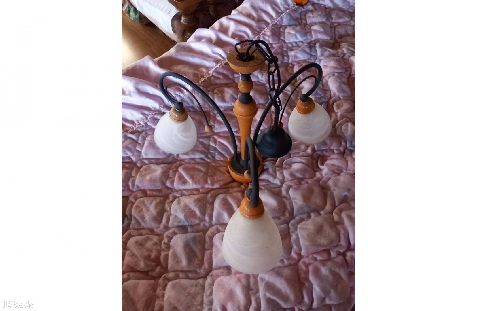 Elegáns 3 ágú fa - fém csillár, függő lámpa, 37 cm magas + lánc