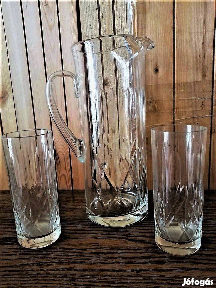 Elegáns, modern metszett, csiszolt üveg kancsó 1,5 literes + 2 pohár