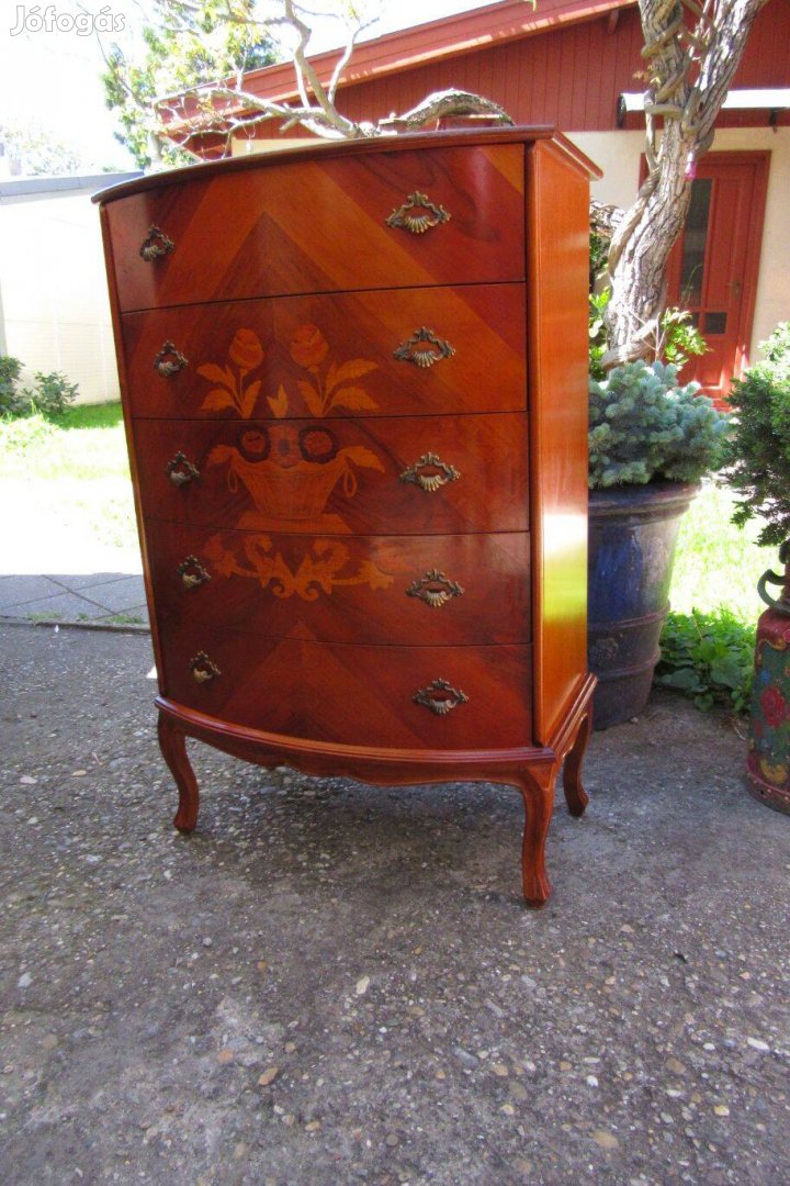 Elegáns intarziás neobarokk-chippendale 5 fiókos komód
