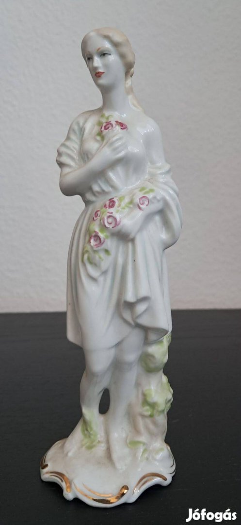 Elegáns porcelán szobor Virágot tartó nőalak, 20 cm