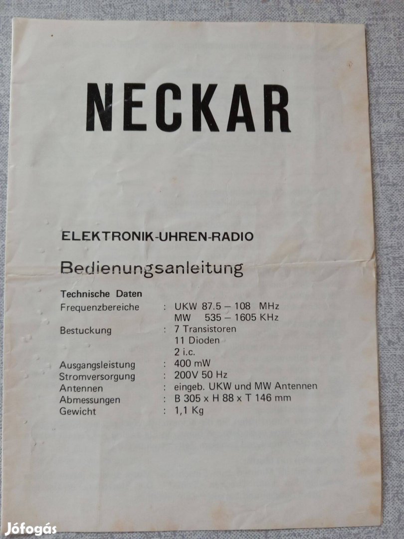 Elektromos órás rádió Neckar használati utasítás németűl