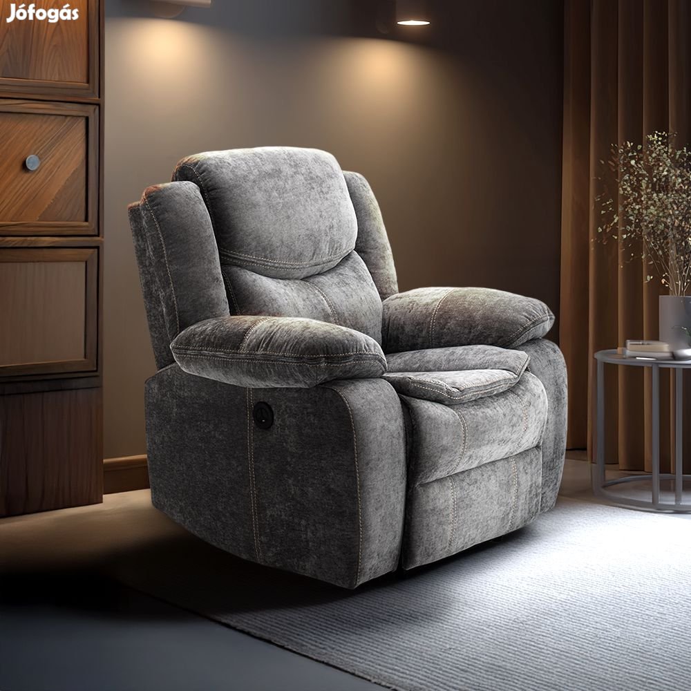 Elektromosan dönthető relax fekvőfotel, zsenília szövet (szürke)