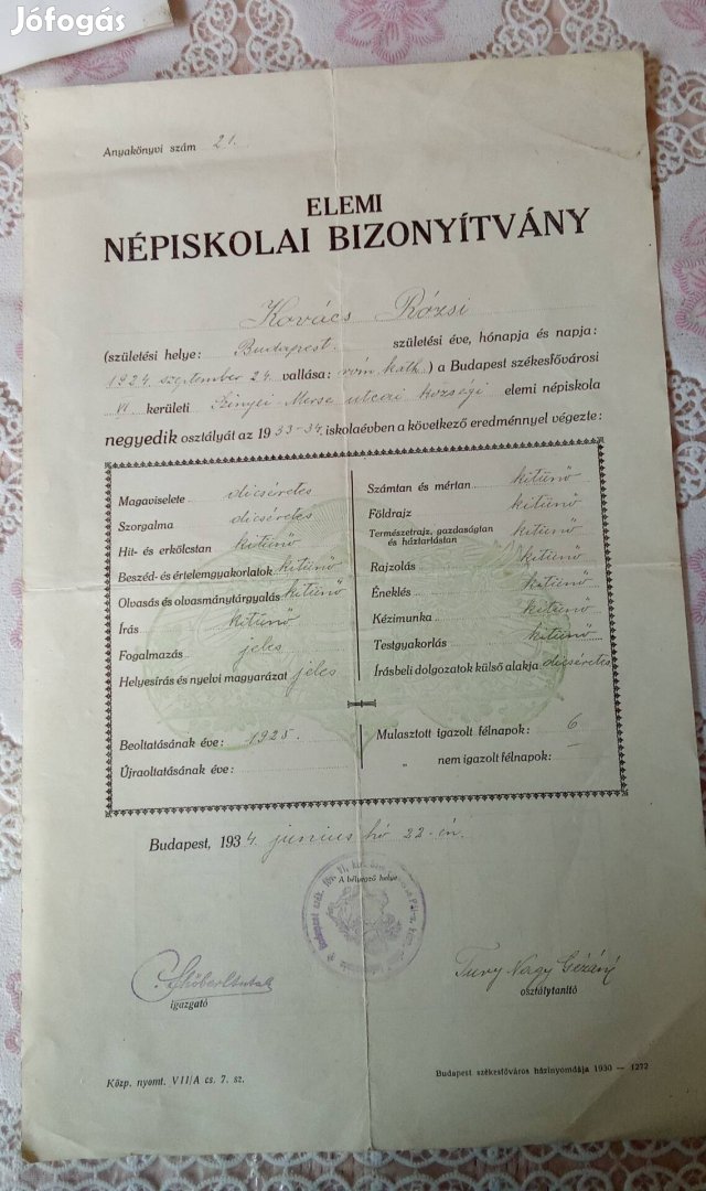 Elemi népiskolai bizonyítvány 1934