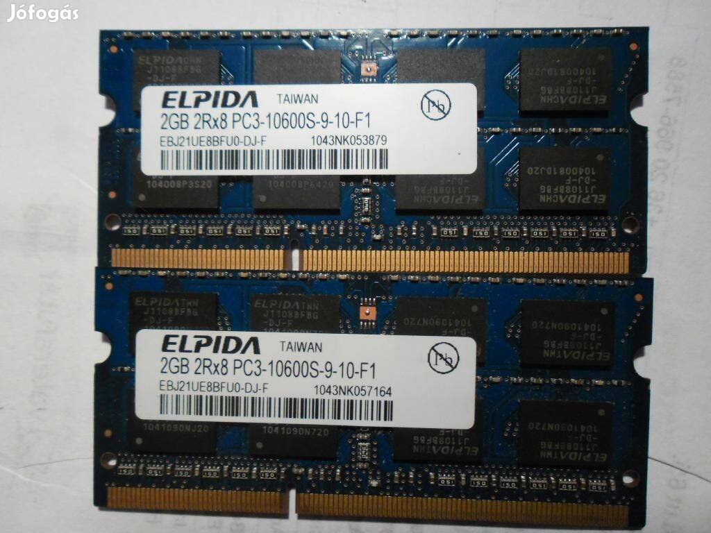 Elpida 4gb. 2x 2gb. DDR3 PC3-10600s laptop ram pár