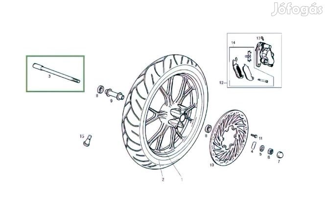 Első kerék tengely Derbi Senda DRD X-Treme 2010 utáni modellekhez