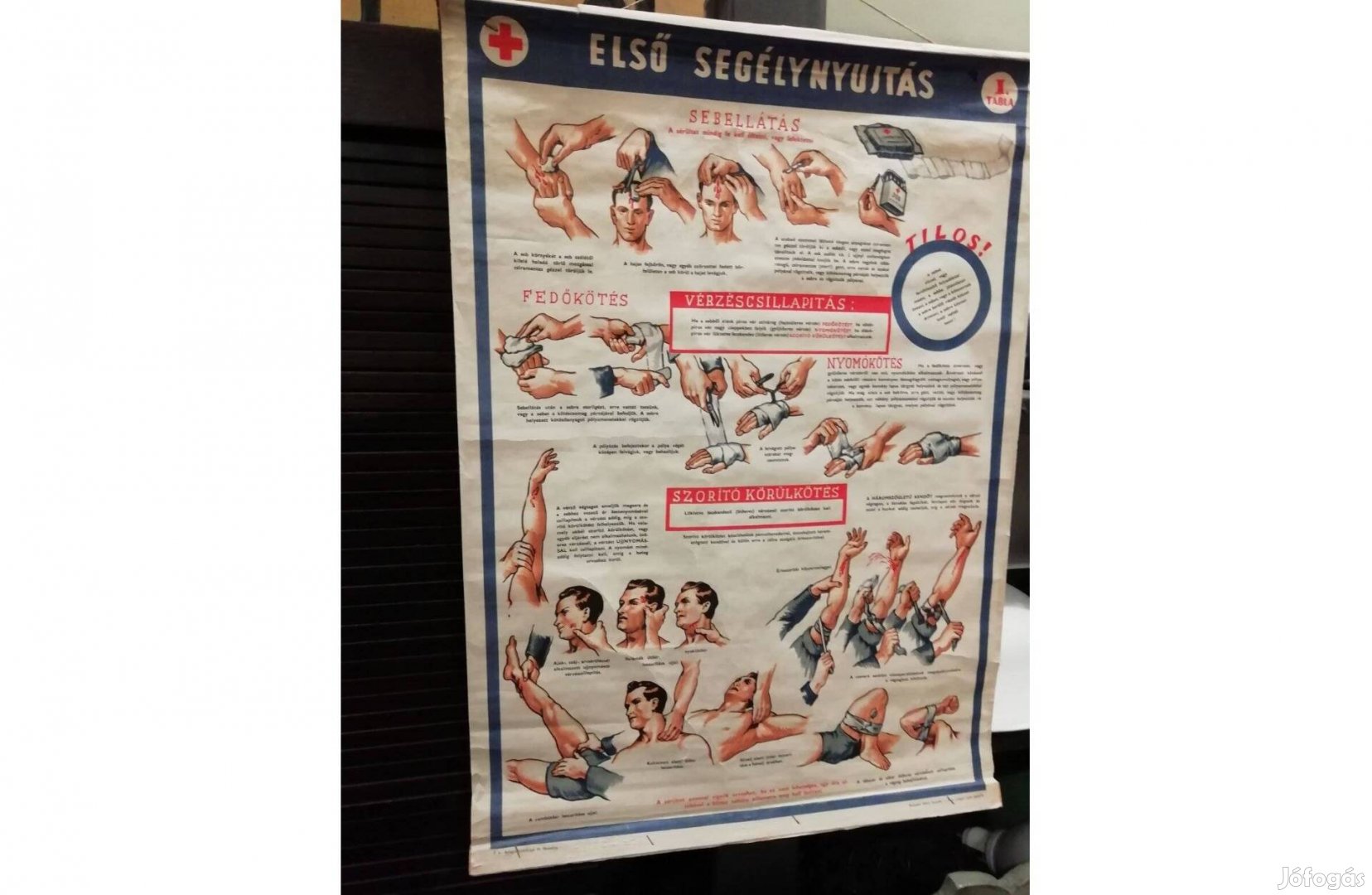 Elsősegély plakát, régi katonai szemléltető eszköz, dekoráció
