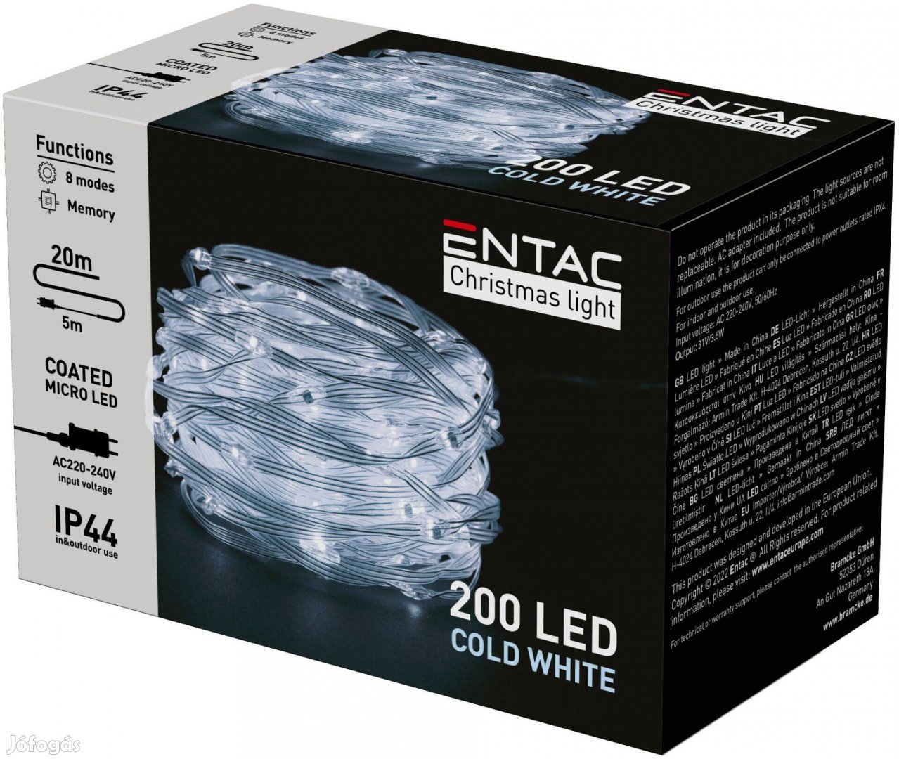 Entac Karácsonyi Füzér, IP44, 200 LED, PVC bevonatú Micro LED, 6400K