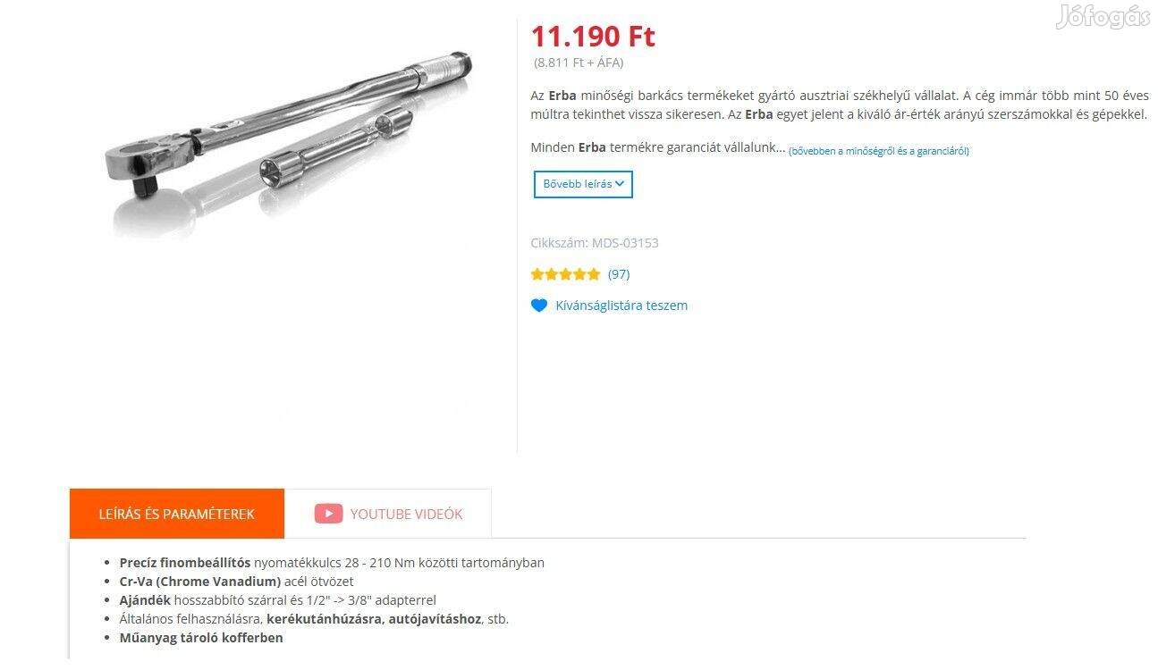 Erba nyomatékkulcs 28-210 Nm 1/2"