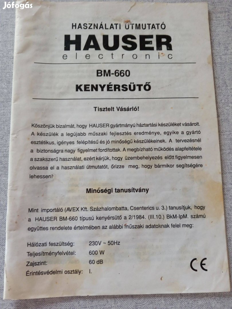 Eredeti Hauser Kenyérsütő használati utasítás