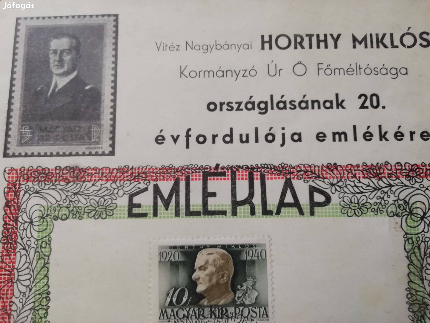 Eredeti Horthy Miklós emléklap 1940