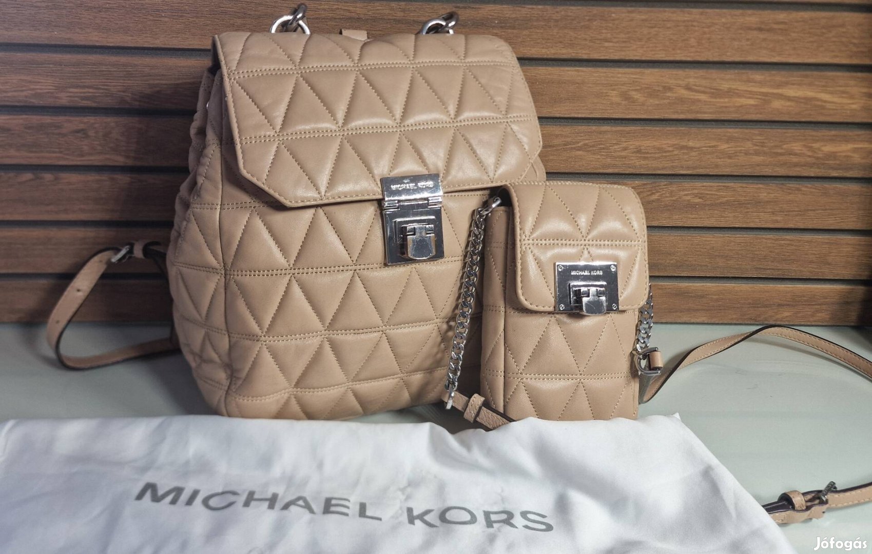 Eredeti Michael Kors bézs, bőr hátizsák szett