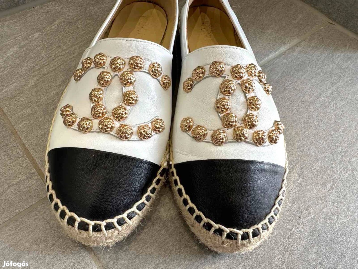 Eredeti bőr Chanel Espadrilles női cipő fekete fehér 37/38