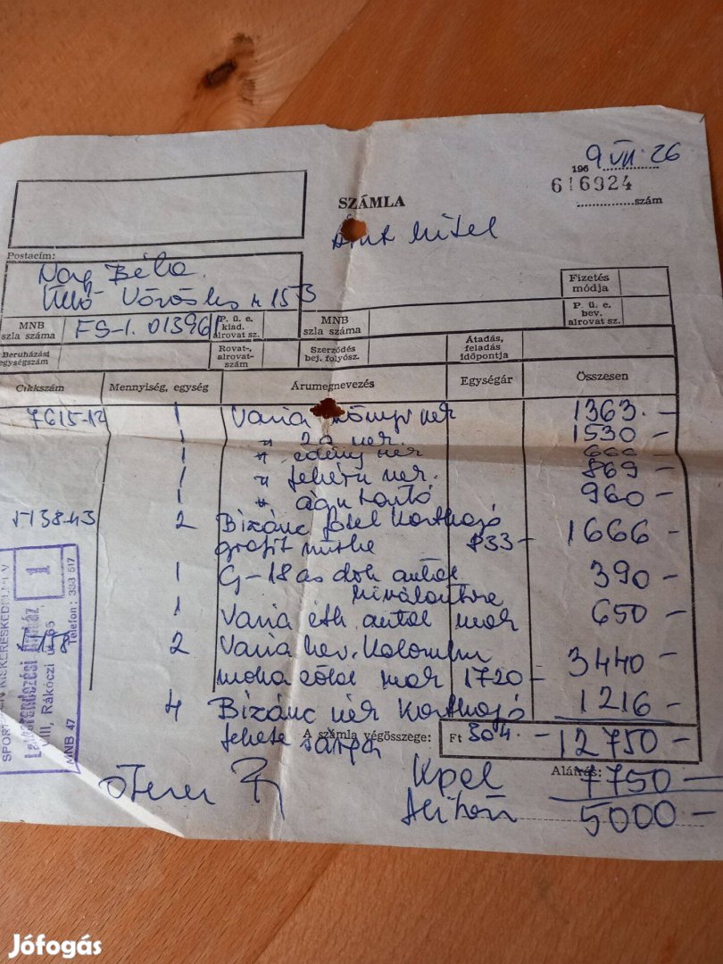 Eredeti lakberendezési bútor számla 1969