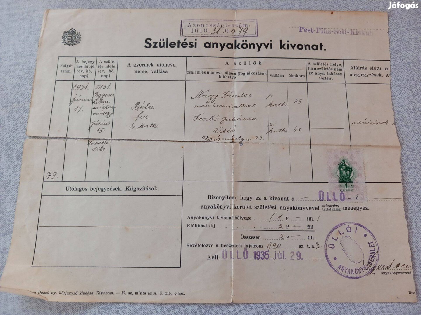 Eredeti születési Anyakönyvi kivonat 1935-ből