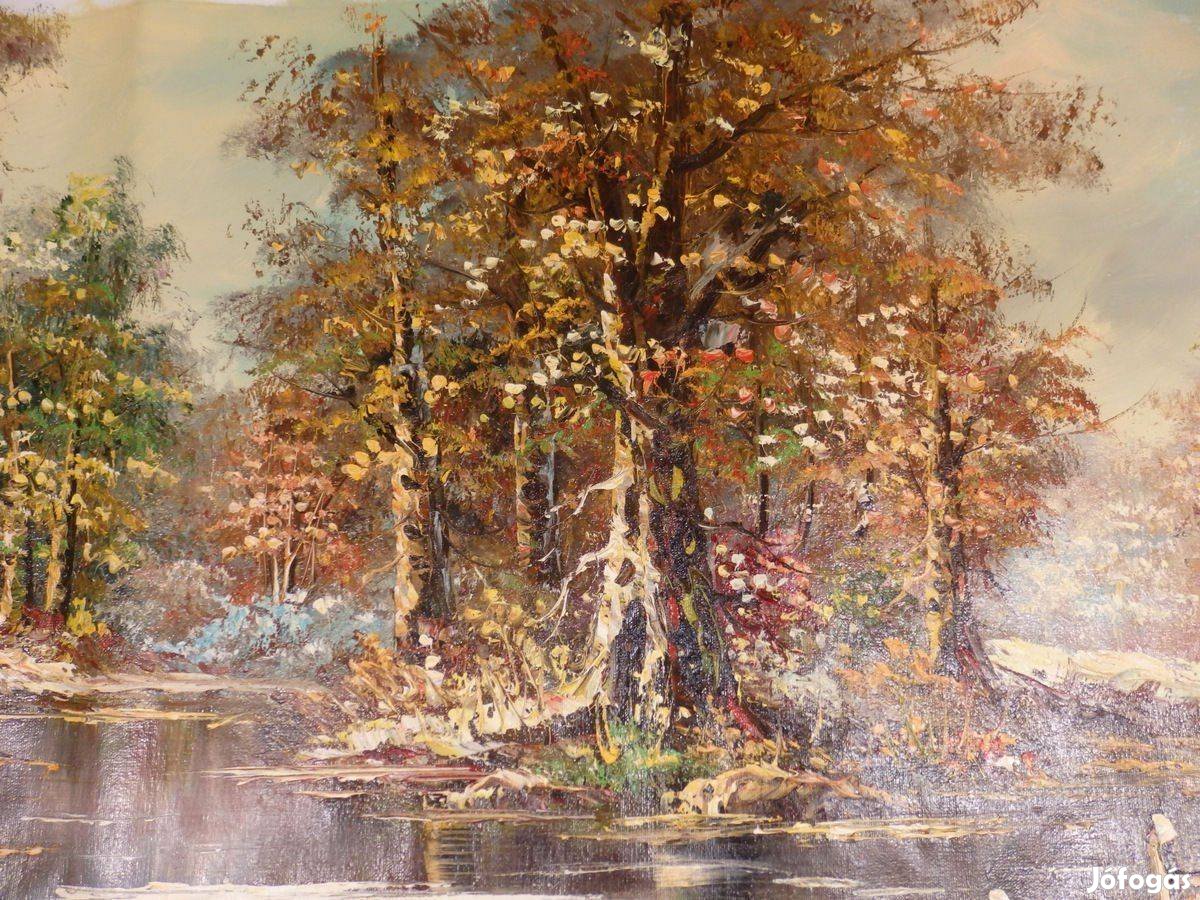 Eredeti tájkép festmény, szignált olajfestmény 127cm lenyűgöző folyó