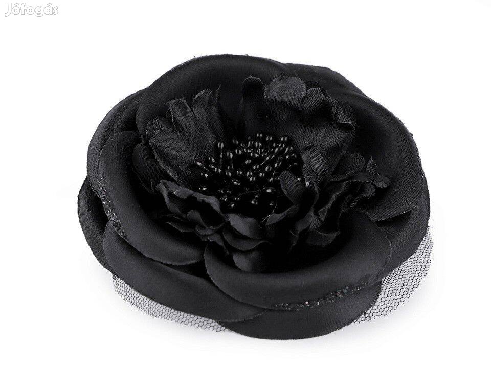 Esküvő BCS04 - Kitűző, bross, hajcsat - fekete színű szatén virág, róz