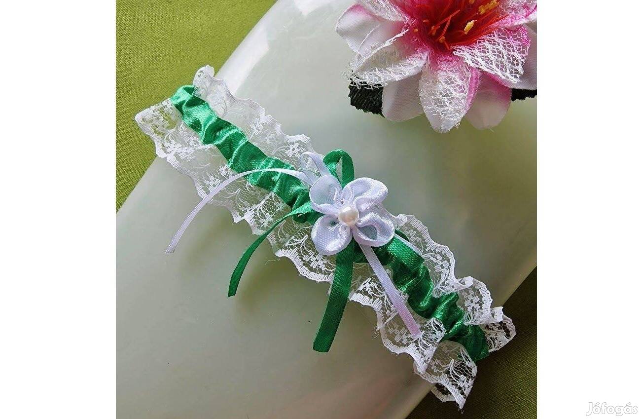 Esküvő Hak50 45mm-es fehér zöld szalagos virágos csipke harisnyakötő