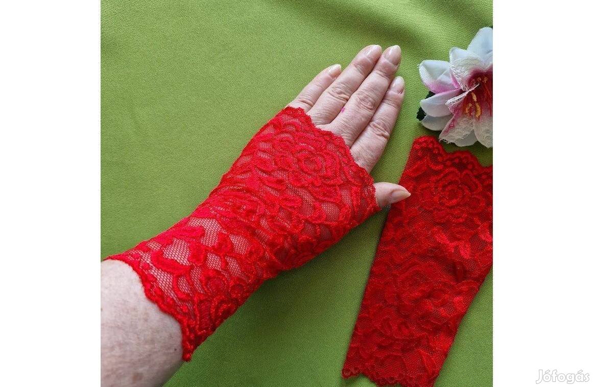 Esküvő Kty84 Saját készítésű 18 cm-es ujjatlan Piros csipke kesztyű