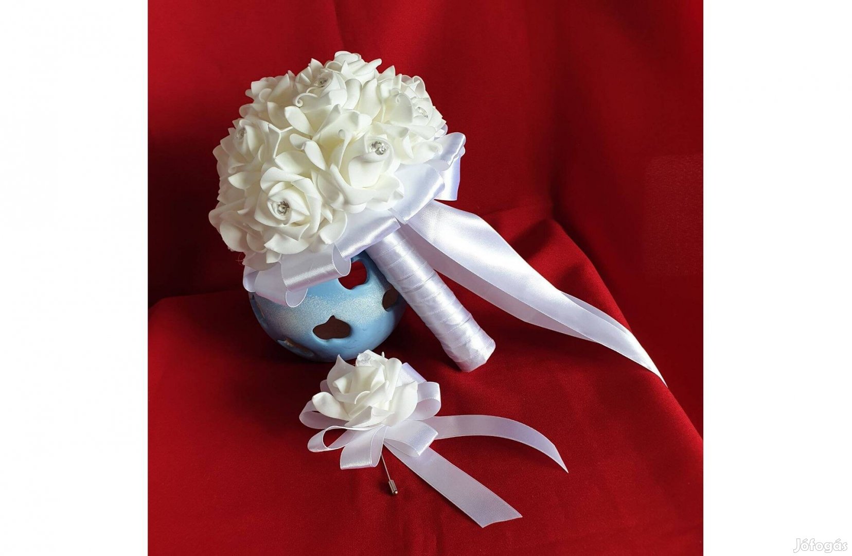Esküvő MCS04 - Menyasszonyi csokor, vőlegényi kitűző - habrózsa szett